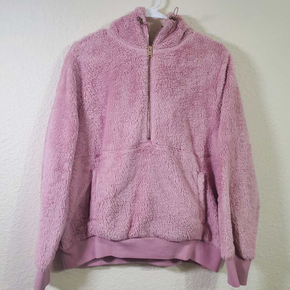 Old Navy Pink Faux Fur Hooded Zip Front Womens Sweatshirt Small Warm Winter